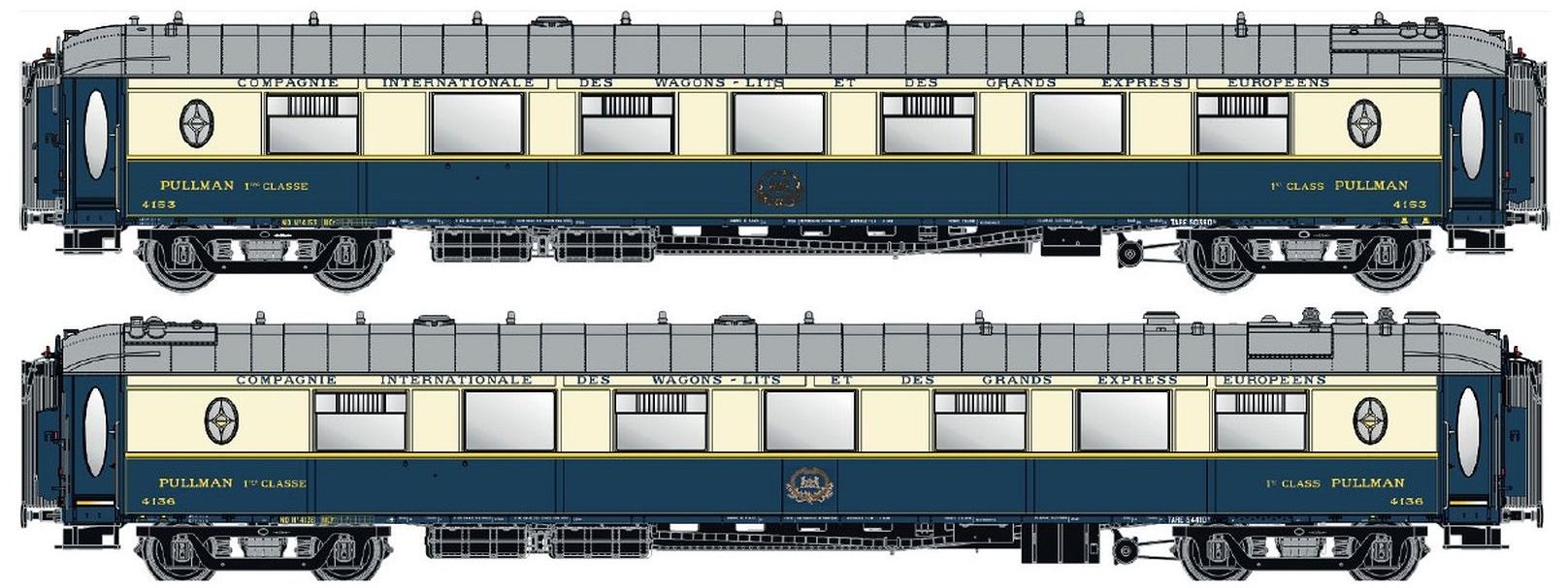 Coppia carrozze Pullman CIWL tipo Cote d Azur, una con comparto cucina, livrea blu/crema con tetto grigio chiaro, logo CIWL in rilievo, epoca III
