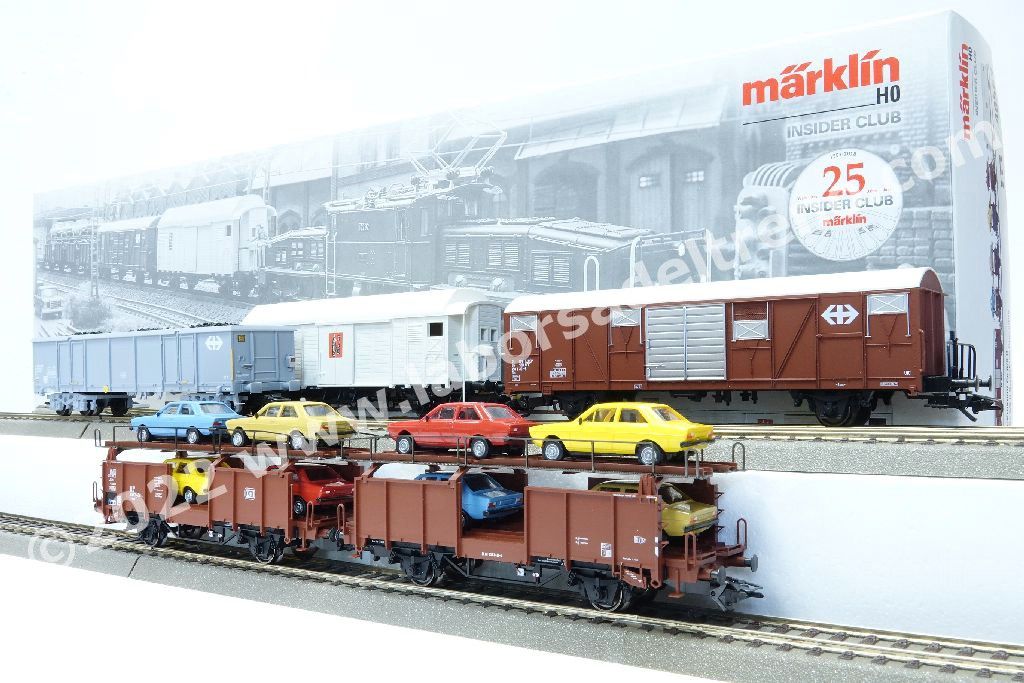 Convoglio merci SBB composto da un carro Eaos, un carro chiuso, un carro refrigerato e uno trasporto auto con carico, epoca IV - Insider Club 2018