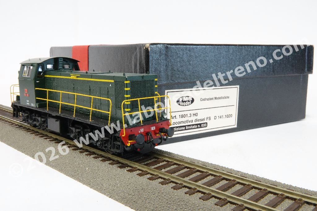 Locomotiva diesel FS D141 1020, livrea verde con filetti gialli, mancorrenti gialli senza battipiede, telaio nero, epoca IV/V - Realizzazione in ottone su base Linea Model - Serie limitata
