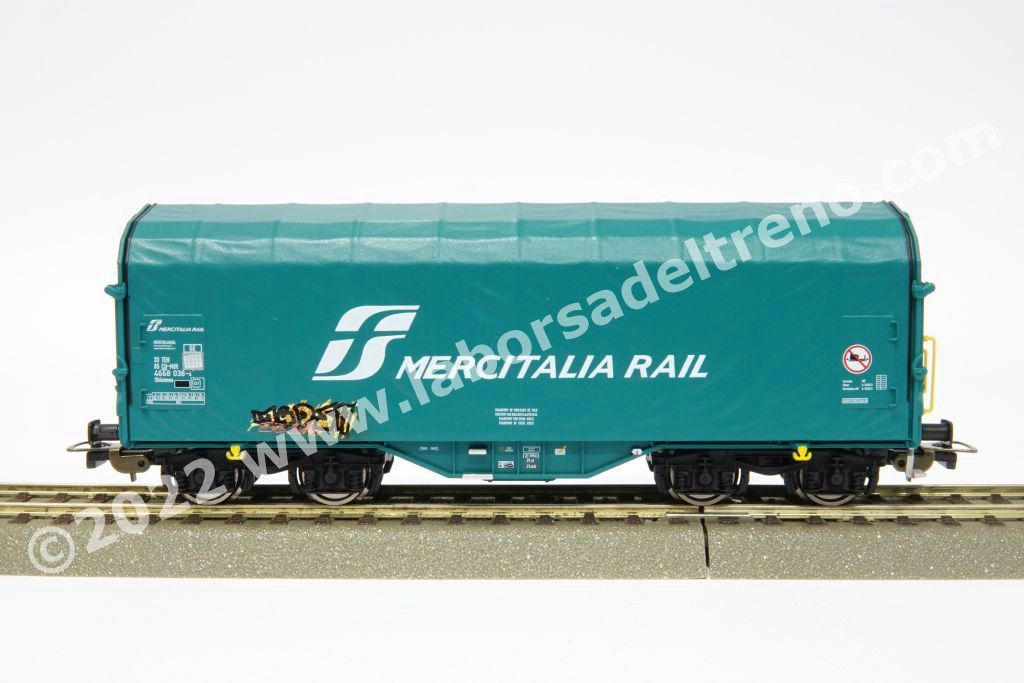 Coppia carri telonati trasporto coils FS Mercitalia Rail tipo Shimmns, livrea verde con graffiti, epoca VI