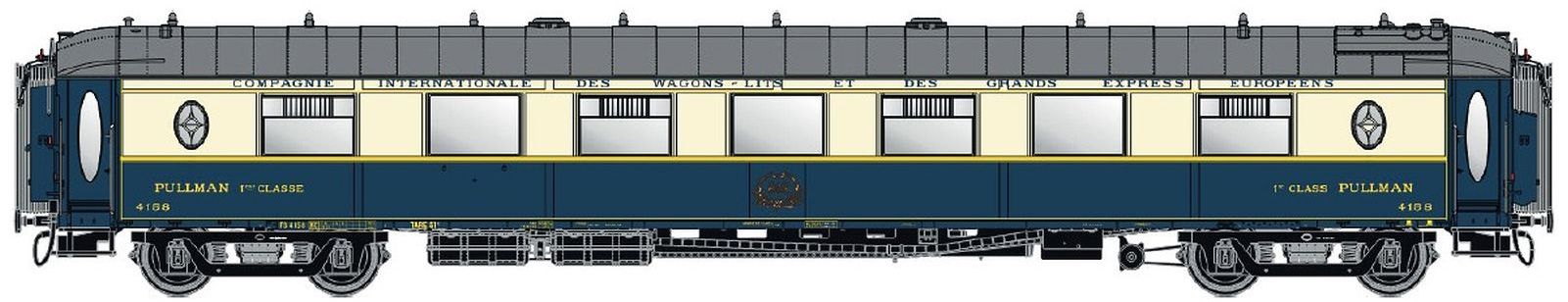 Carrozza Pullman CIWL tipo Cote d Azur senza cucina, livrea blu/crema tetto grigio scuro, logo CIWL in rilievo, epoca III