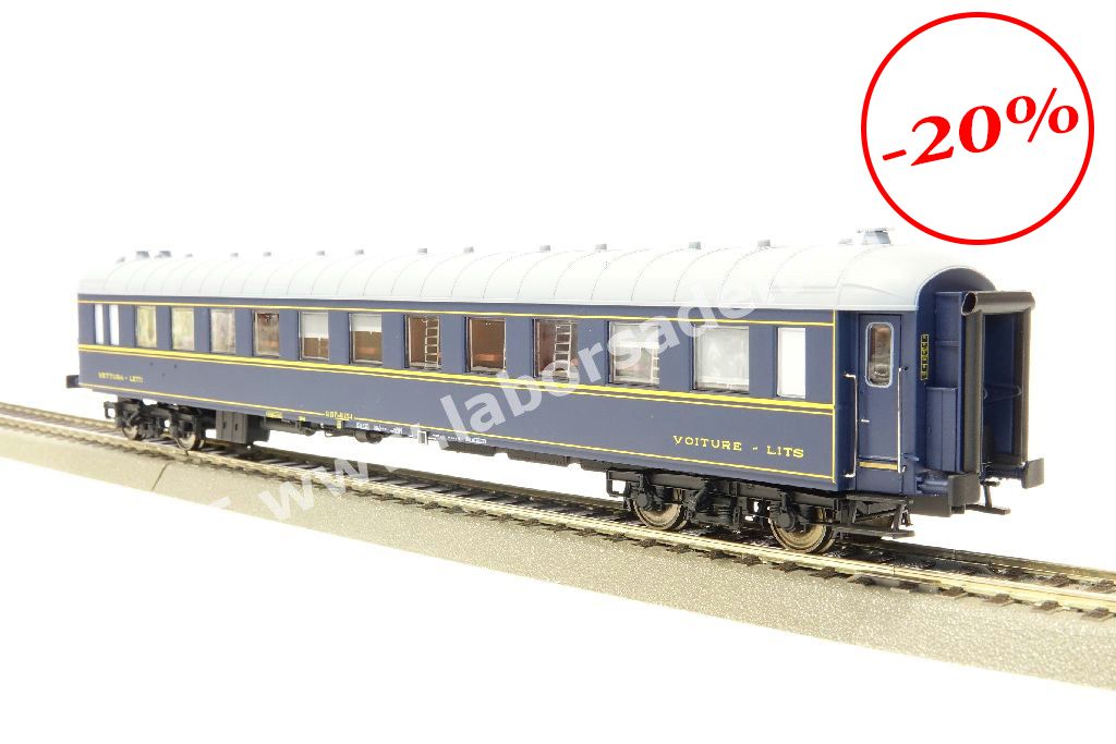 Carrozza letti FS tipo Ub, livrea blu con filetti gialli, senza logo CIWL, epoca IV