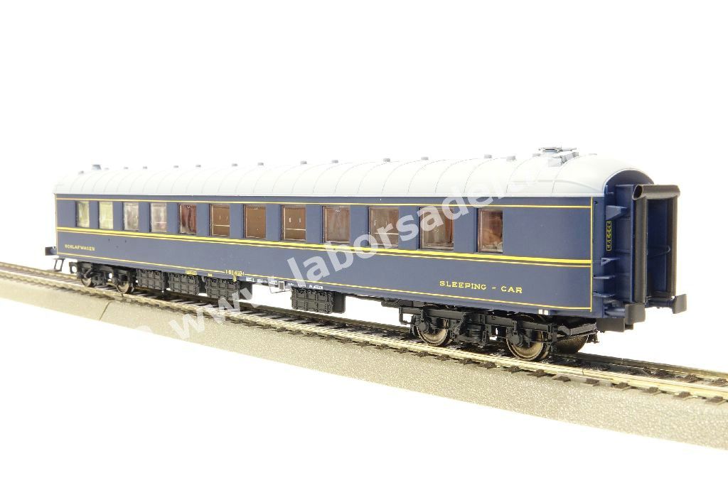 Carrozza letti FS tipo Ub, livrea blu con filetti gialli, senza logo CIWL, epoca IV