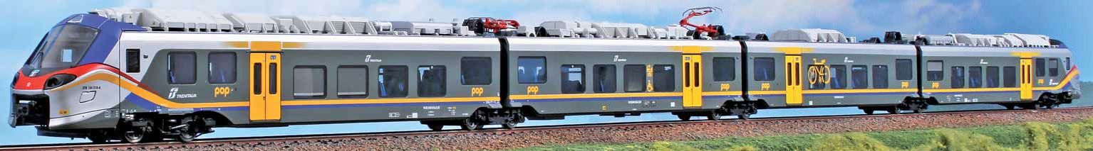 Elettrotreno a 4 elementi FS Trenitalia  ETR 104 'Pop', livrea DTR argento/blu  con porte gialle con scritta POP, logo Trenitalia con baffo rosso, epoca VI - Ill.ne interna