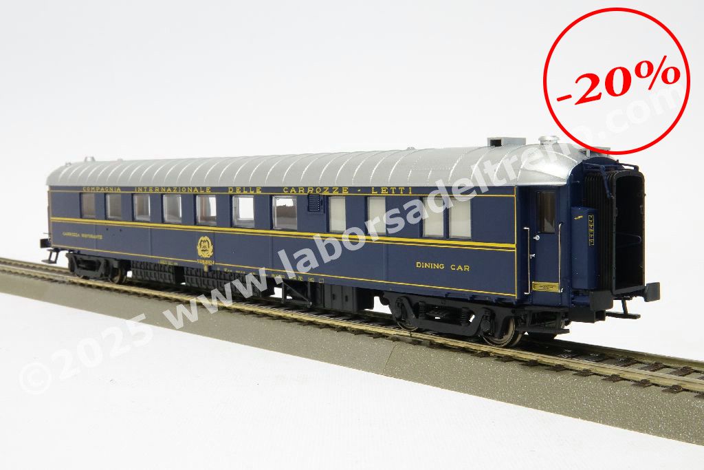 Carrozza ristorante CIWL tipo 1925R 'Pistoiesi', costruzione reggiane, affidata al parco FS, carrelli di origine PP, logo CIWL, livrea blu con tetto argento, epoca IV