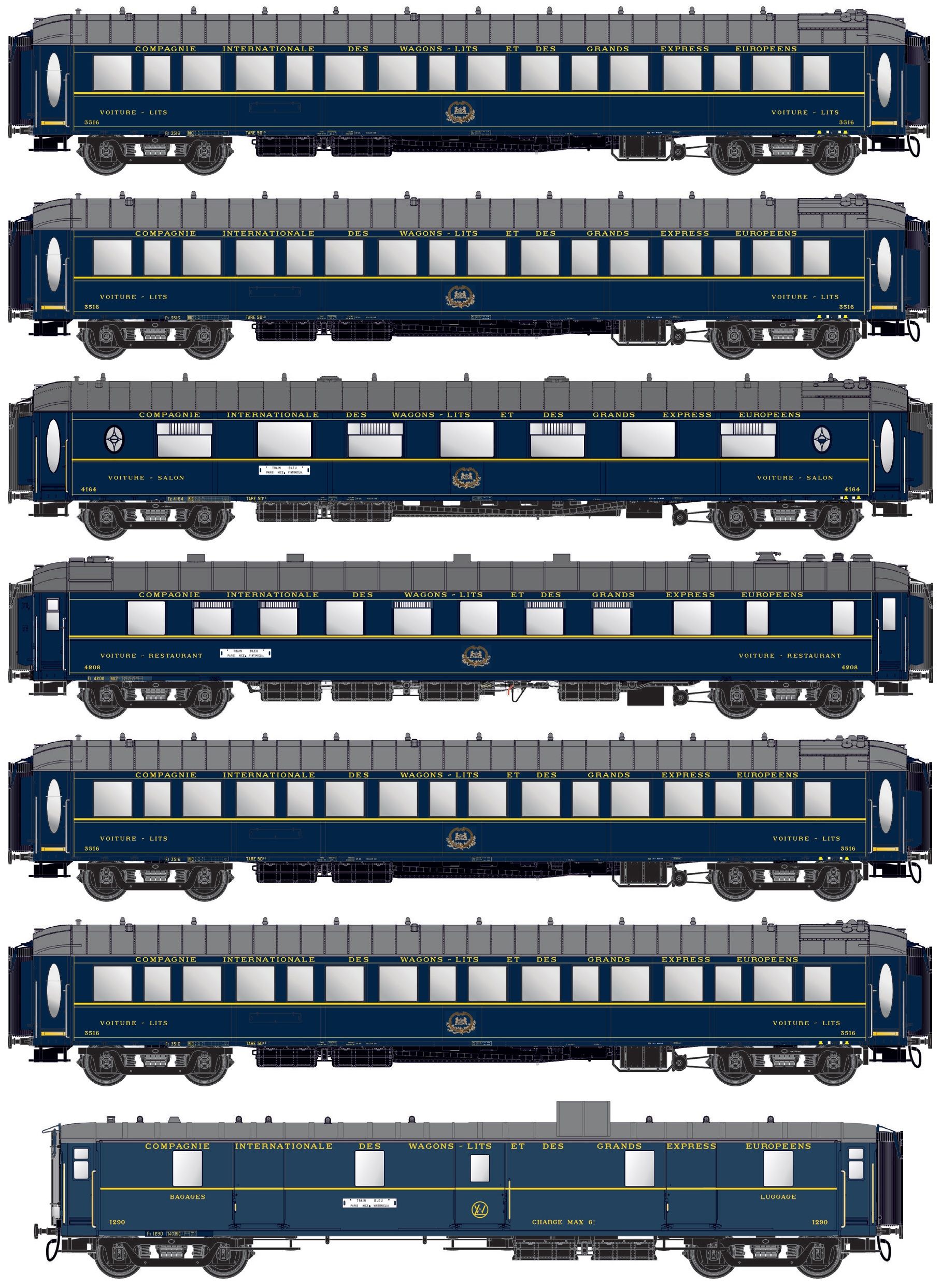 Convoglio CIWL 'Le Train Bleu 1957' a 7 elementi, composto da un bagagliaio a tre porte, una bar/ristorante, una ristorante WR46 e 4 vetture letti tipo Lx, epoca III - Ill. interna