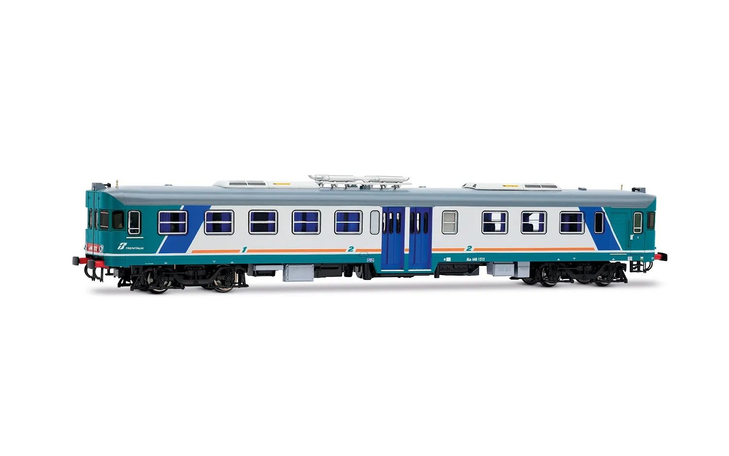 Automodrice diesel FS Trenitalia Aln 668 Serie 1200, marmitte e condizionatori sul tetto, livrea XMPR, logo Trenitalia, epoca V/VI