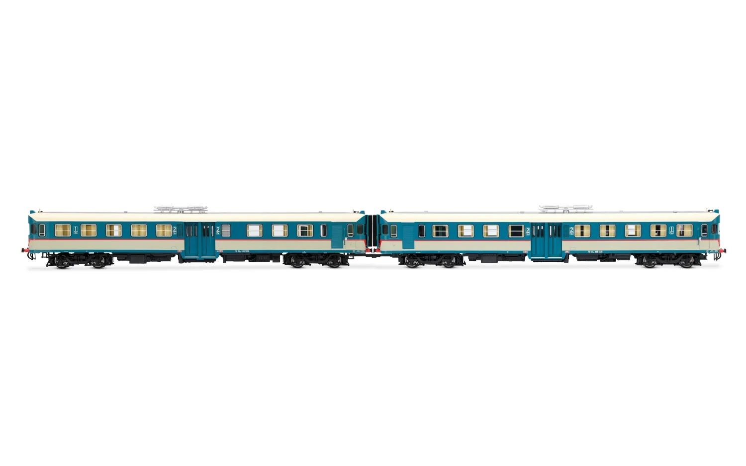Coppia automotrice FS ALn 668 Serie 1200 con doppia porta centrale, vetri piani, marmitte sul tetto, livrea di origine, epoca IV