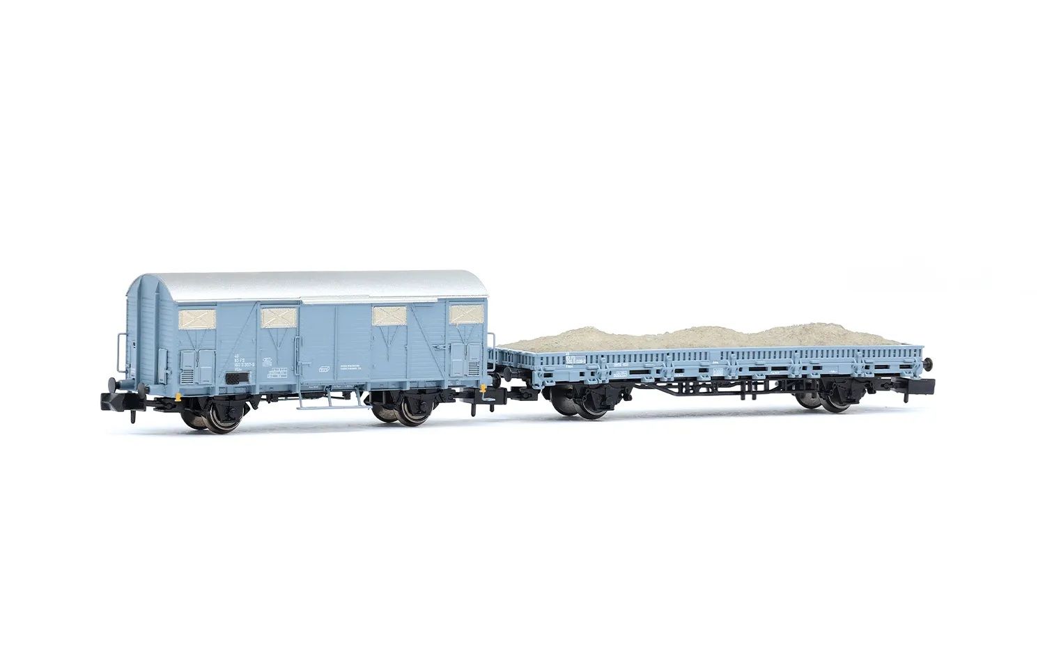 Coppia carri di servizio FS, uno tipo VGhs e uno tipo Vkkkm con carico di ballast, livrea grigio cenere, epoca IV/V - Scla N