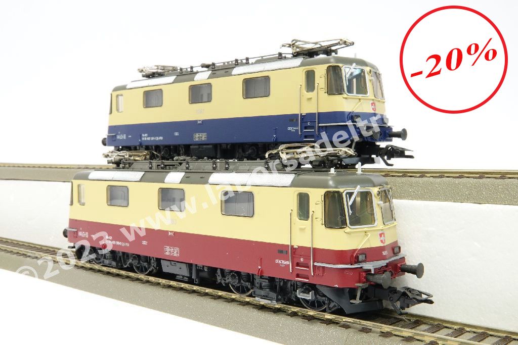 Coppia locomotive elettriche SBB IRSI 'International Rolling Stock Investment GmbH) Re 421 abilitate a circolare in Svizzera e Germania, una in livrea 'TEE' rosso/crema e una in livrea 'Rheingold' blu/crema, epoca VI - MFX Digital Sound