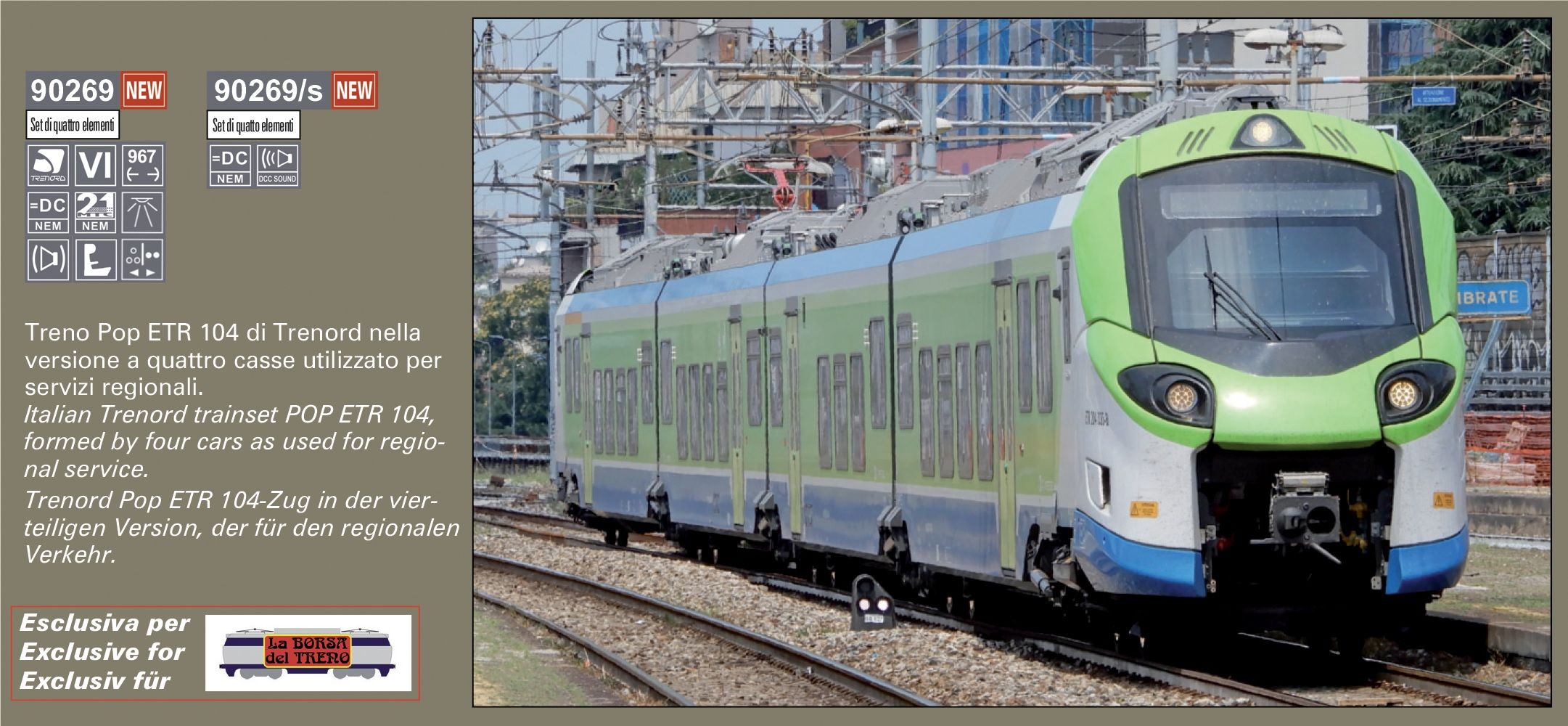 Elettrotreno a 4 elementi Trenord ETR 104 'Pop', livrea 'Regione Lombardia' blu/bianca/verde, epoca VI -Digital Sound e ill.ne interna - Serie esclusiva La Borsa del Treno